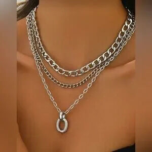 Silver Layered Chain Necklace Oval Pendant Statement Necklace Gift Dainty